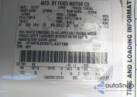 2007 Ford Expedition El Limited from USA, damaged, VIN 1FMFK20587LA57188